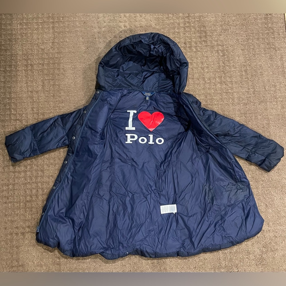 Polo Ralph Lauren Kids Medium 8/10 Navy Blue Hooded Puffer Coat Parka Duck Down